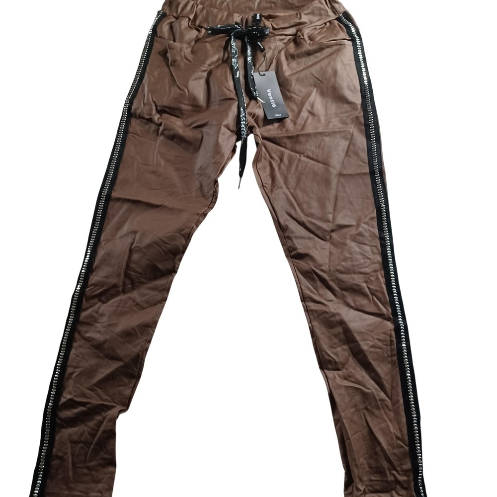 Venti6 Italy Brown Jogger Pants Womens Medium Twill Elastic Waist Zip Side